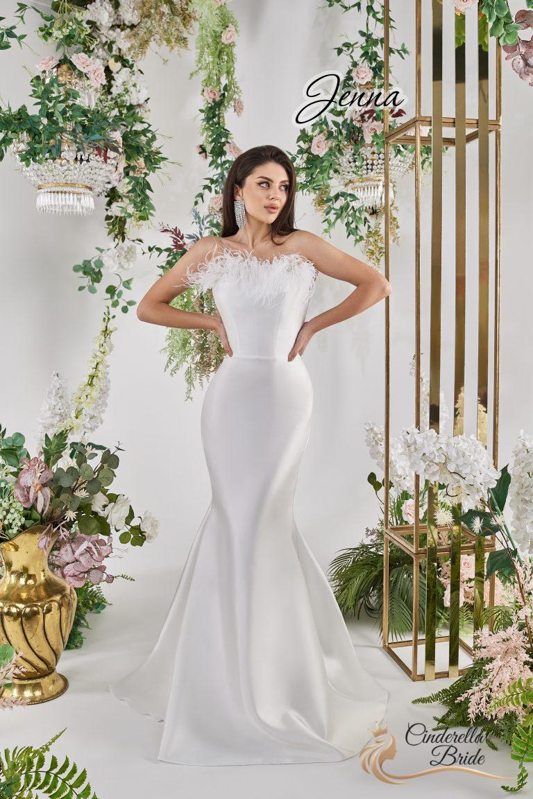 Nádherné, moderné svadobné šaty Jenna ponúka svadobný salón Cinderella Bride v Malackách. S láskou k nevestám.